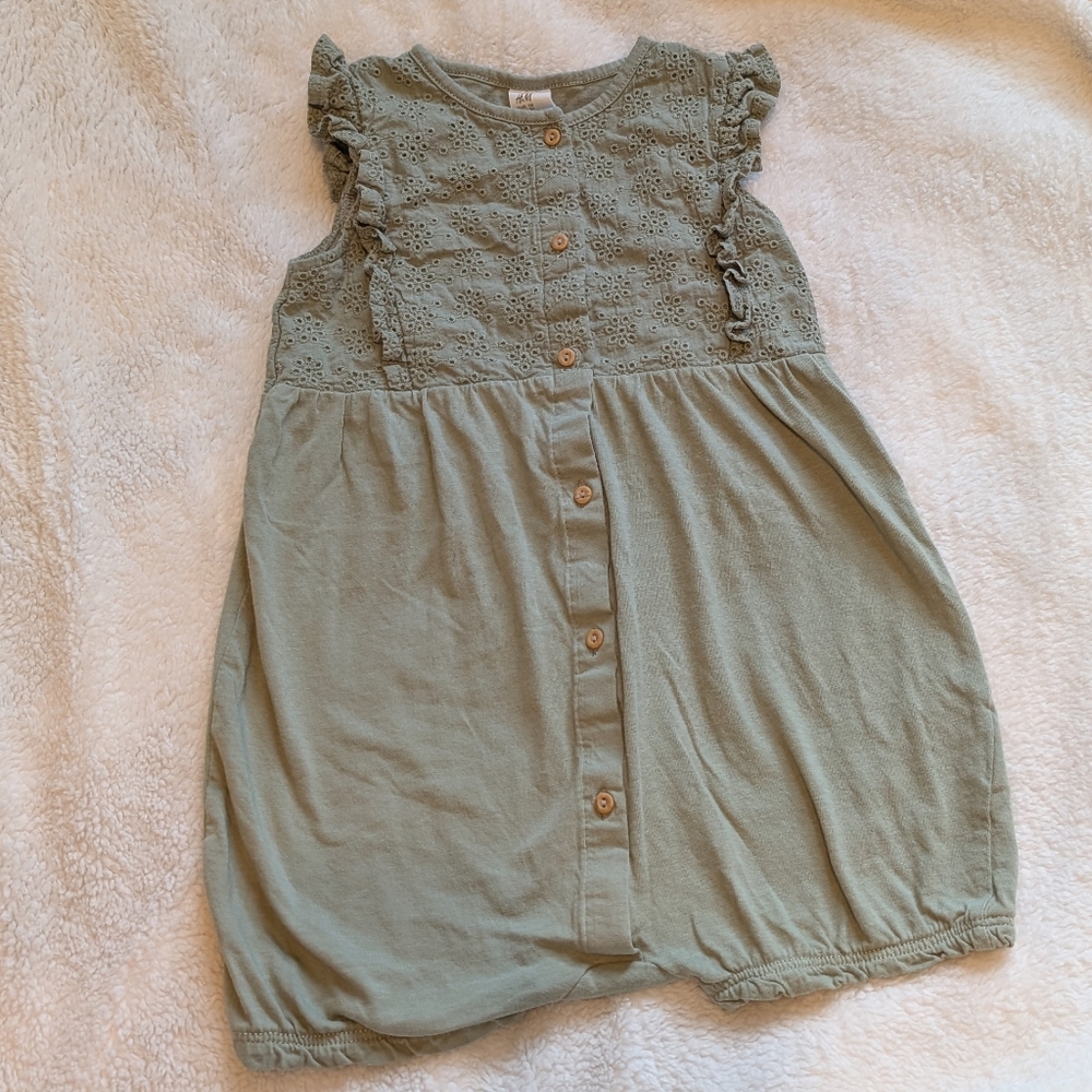 H&M Olive Green Eyelet Button-Up Flounce Lace Trimmed Romper Toddler Summer 3T